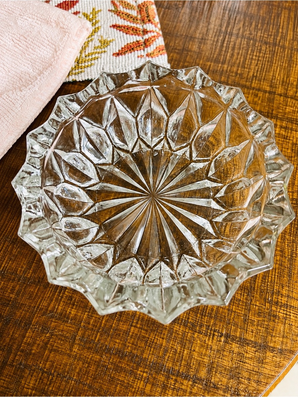 Vintage Heavy Clear Glass Geometric Dish – Starburst/Diamond Cut Pattern